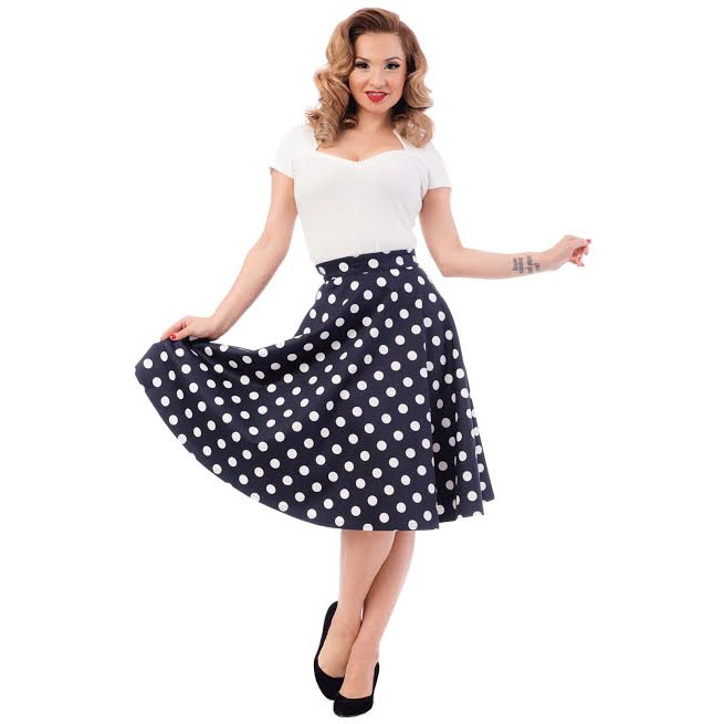 blue polka dot skirt outfit