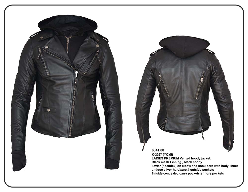 Derringer Lambskin Womens Hooded Motorcycle Jacket With Kevlar- Black