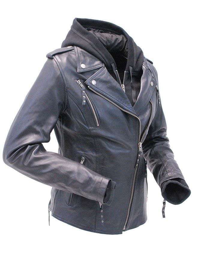 Derringer Lambskin Womens Hooded Motorcycle Jacket With Kevlar- Black