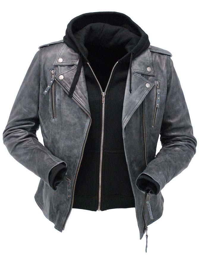 Derringer Lambskin Womens Hooded Motorcycle Jacket With Kevlar- Tombstone Grey