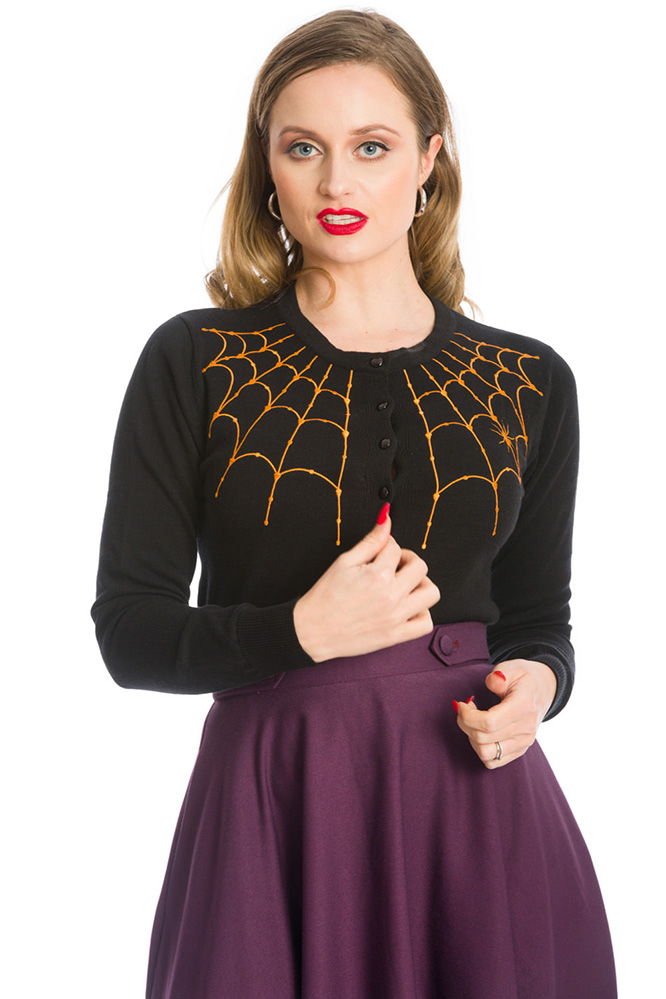 Plus Size Under Her Web Spell Cardigan by Banned Apparel - in Black w Orange Web - SALE 3X only