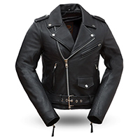 Rockstar Womens Naked Cowhide Leather Motorcycle Jacket by First MFG- Black