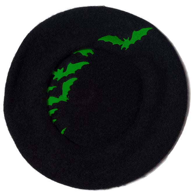 Repeat Bat Beret by Kreepsville 666 - black with green bats
