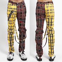 Split Leg Unisex Bondage Pants w Straps by Tripp NYC - Yellow Tartan & Black Plaid