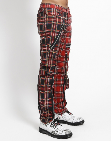 Split Leg Unisex Bondage Pants w Straps by Tripp NYC - Red Tartan & Black Plaid