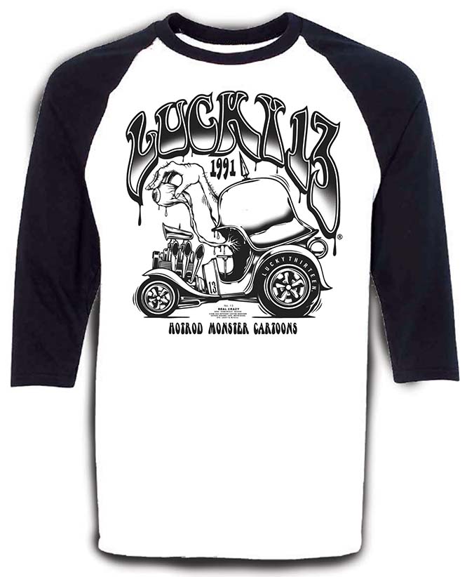 Humorous 3/4 Sleeve Raglan shirt by Lucky 13 Clothing - black & white