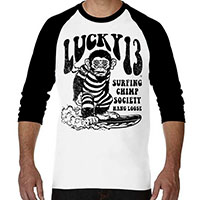 Surfing Chimp on black/white baseball raglan shirt by Lucky 13 Clothing