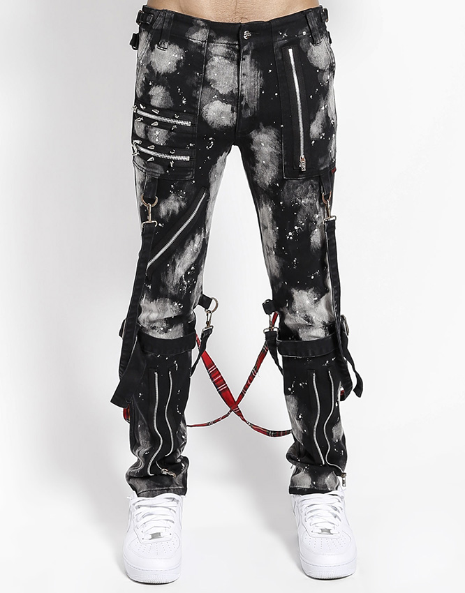 Unisex Spiked Super Skinny Bleached Bondage Pants w Red Plaid Straps by Tripp NYC