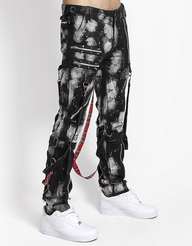 Unisex Spiked Super Skinny Bleached Bondage Pants w Red Plaid Straps by Tripp NYC