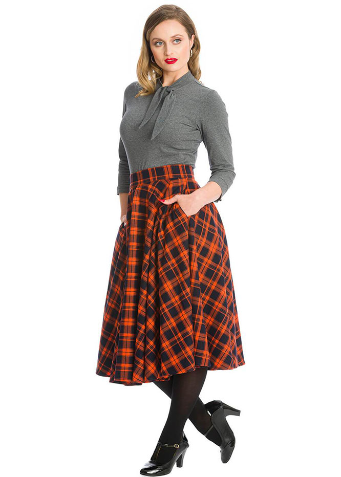 Plus Size Miss Spooky Orange Tartan 50's Swing Skirt by Banned Apparel - SALE