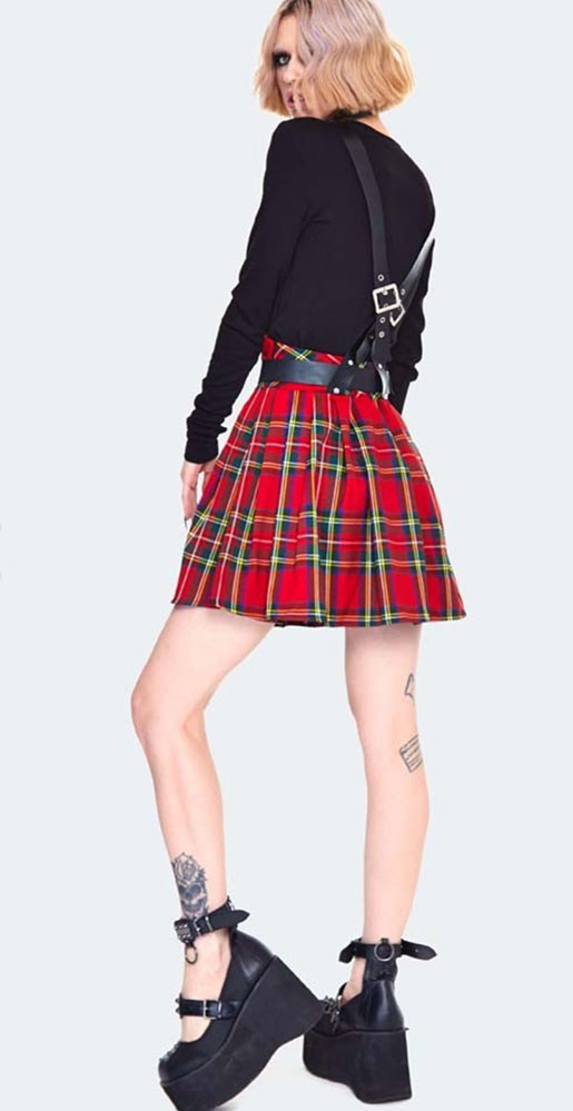 High Waisted Tartan Pleated Harness Skirt by Jawbreaker