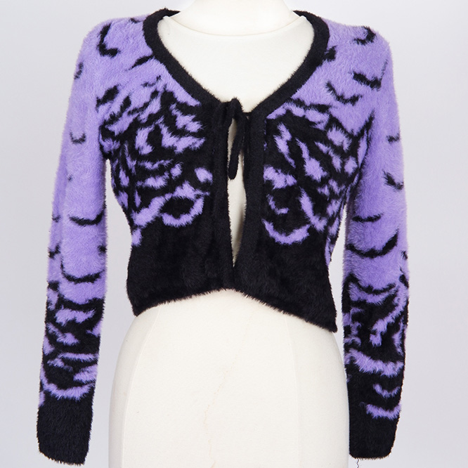 Fly Me Fuzzy Mohair Tie Cropped Cardigan by Too Fast Clothing - Purple Bats - SALE XL only