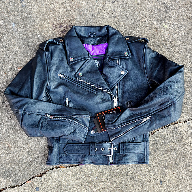 Bela Girls Biker Jacket by Angry Young And Poor- Premium Black Leather With  Coffin Purple Liner