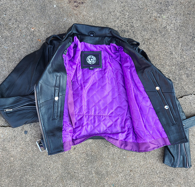 Bela Girls Biker Jacket by Angry Young And Poor- Premium Black Leather With Coffin Purple Liner