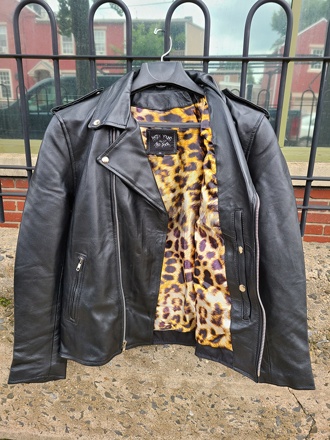 AYP Top Quality Lambskin Black Leather Motorcycle Jacket With Leopard Liner - sz 36 only