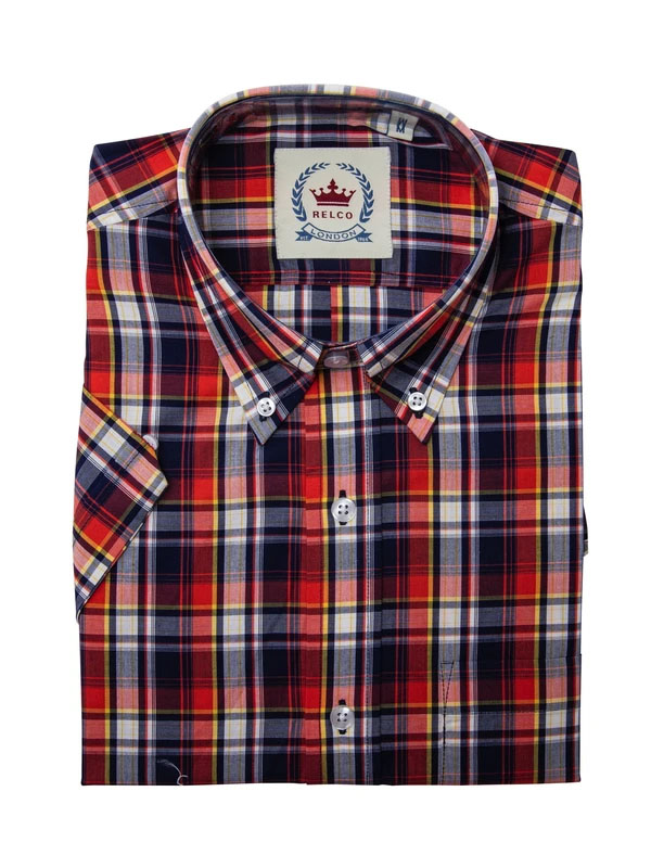 Short Sleeve Vintage Button Up By Relco London- Navy/Red Check