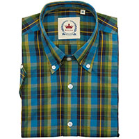 Short Sleeve Vintage Button Up By Relco London- Green & Blue Check