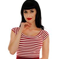 Boat Neck Top by Retrolicious - in burgundy wine & white stripe