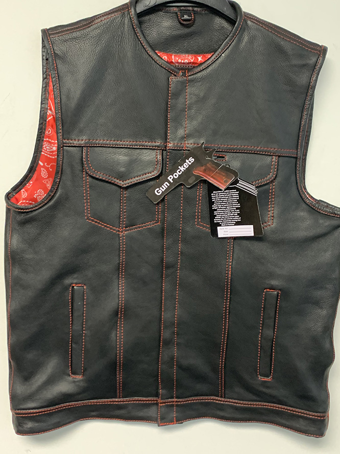 Black Premium Leather Club Vest With Red Stitching & Red/White Lining