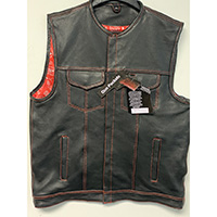 Black Premium Leather Club Vest With Red/White Stitching & Red Lining