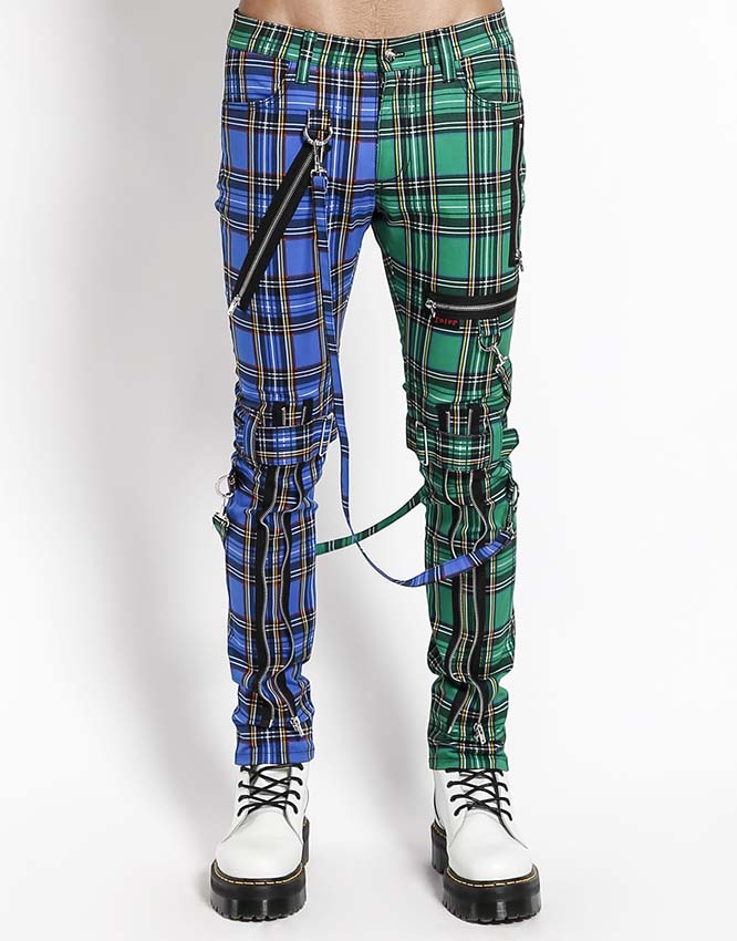 Split Leg Bondage Pants w Straps by Tripp NYC - Unisex Blue & Green Plaid  - SALE sz 36 only