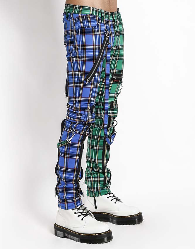 Split Leg Bondage Pants w Straps by Tripp NYC - Unisex Blue & Green Plaid 