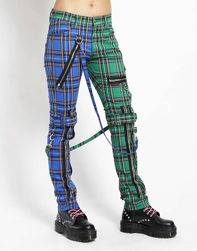 Split Leg Bondage Pants w Straps by Tripp NYC - Unisex Blue & Green Plaid 