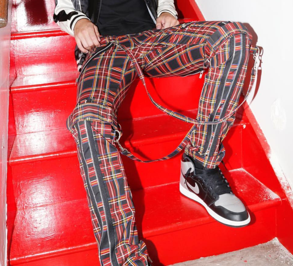 orange and black plaid pants