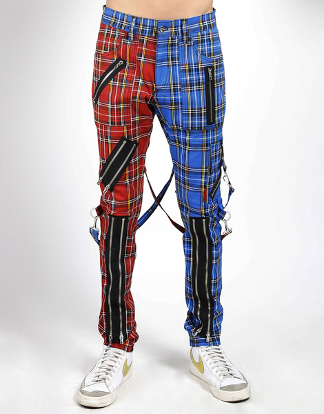 Split Leg Madness Unisex Bondage Pants w Straps by Tripp NYC - Blue & Red Plaid