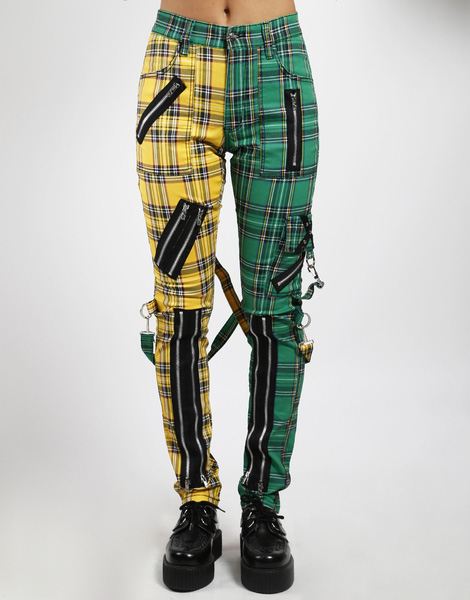 Split Leg Madness Unisex Bondage Pants w Straps by Tripp NYC - Green & Yellow Plaid - sz 34 only