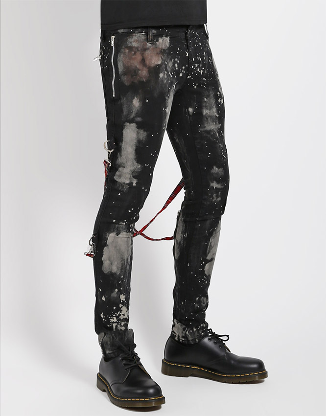 Street Chaos Super Skinny Bleached Bondage Pants w Red Plaid Straps by Tripp NYC - Unisex black with bleach stains