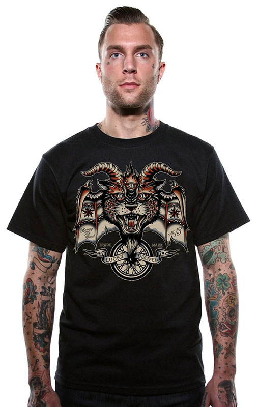 Evil Wheel on a black shirt by Lucky 13 Clothing - SALE