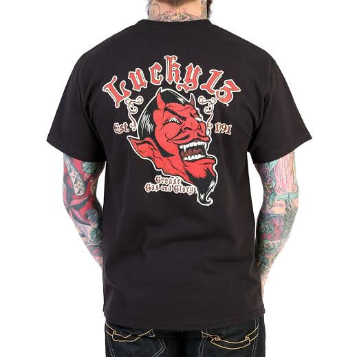 Grease Gas And Glory on a black shirt by Lucky 13 Clothing