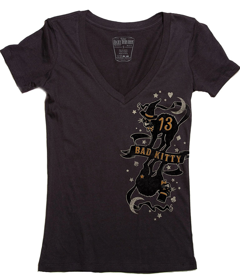Bad Kitty Women's Deep V Neck shirt by Lucky 13 - on black - SALE sz S & M only