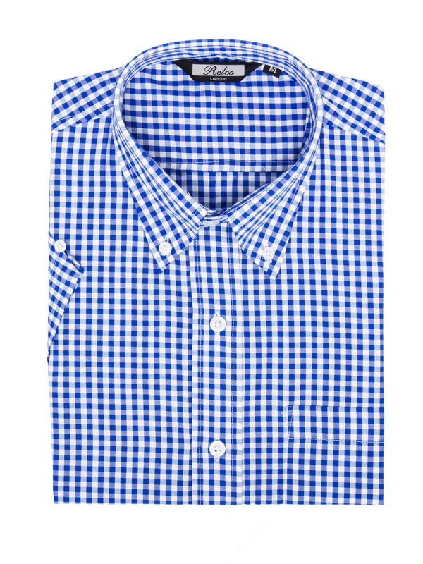Gingham Short Sleeve Vintage Button Up By Relco London- Blue Gingham - M only