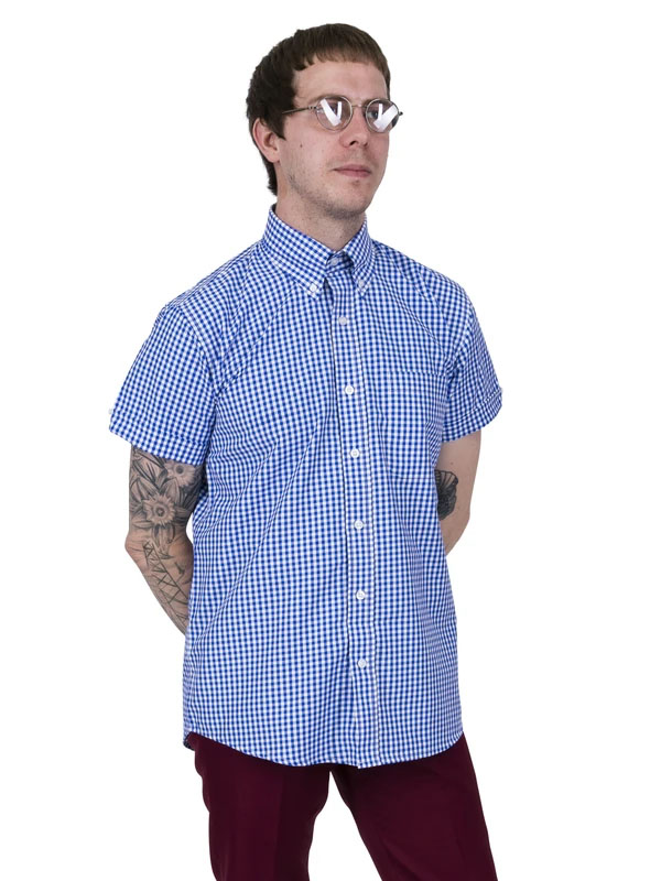 Gingham Short Sleeve Vintage Button Up By Relco London- Blue Gingham - M only