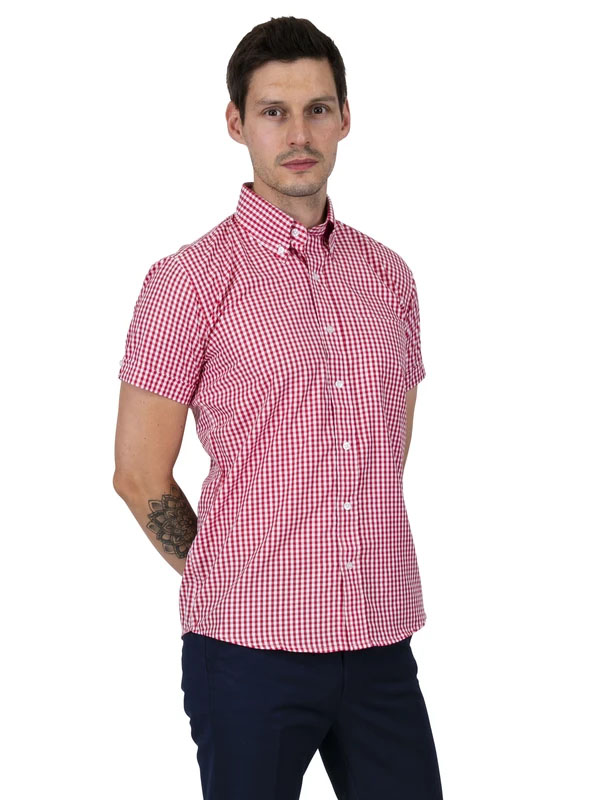 Gingham Short Sleeve Vintage Button Up By Relco London- Red Gingham
