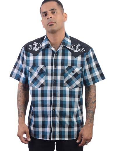 Anchors Away Plaid Button Up Western Shirt by Steady - Teal/Black/White ...