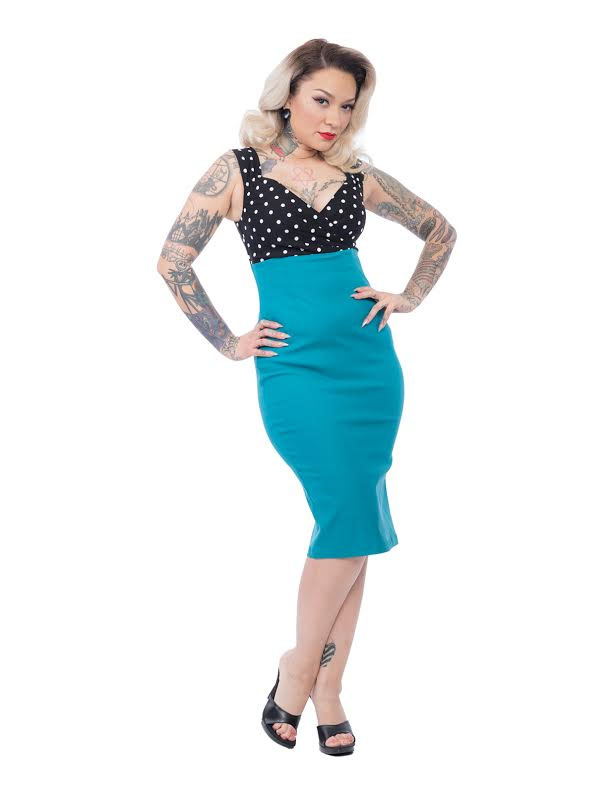 Spot On Diva Wiggle Dress By Steady Clothing - Black/Jade - SALE 4X only