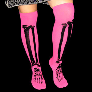 Bones Over The Knee Girls Socks by Sourpuss- Pink With Black