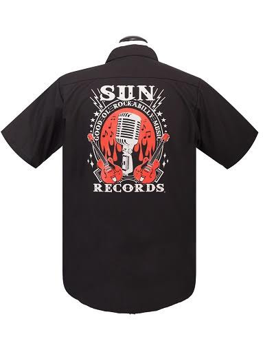 Sun Records- Good Ol Rockabilly Microphone & Red Guitars short sleeve Work Shirt by Steady Clothing - sz S & M only