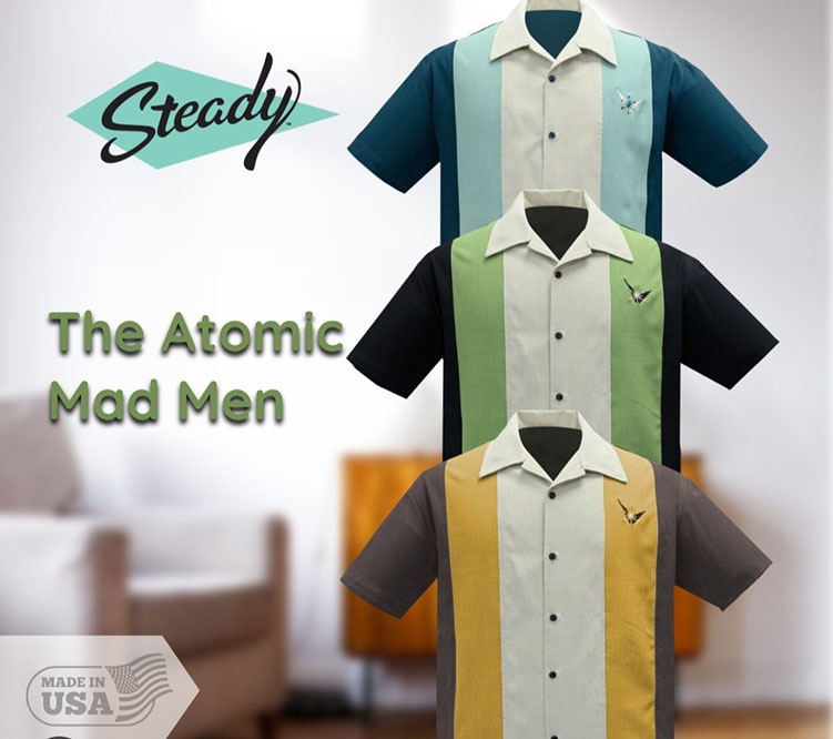 Atomic Mad Men Retro Mod Bowling Shirt by Steady Clothing - Black/Apple/Stone
