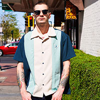 Atomic Mad Men Retro Mod Bowling Shirt by Steady Clothing - Teal/Mint/Stone - SALE