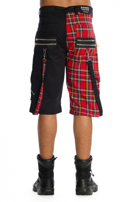 Split Leg Plaid/Black Cotton Blend Bondage Shorts by Banned Apparel