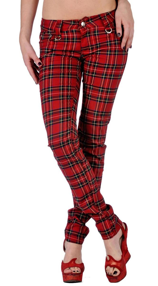 Red Tartan Plaid Skinny Pants by Banned 