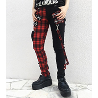 Jetsetter Split Leg Trousers - Red & Black Plaid/ Black Girls Bondage Pants by Banned Apparel 