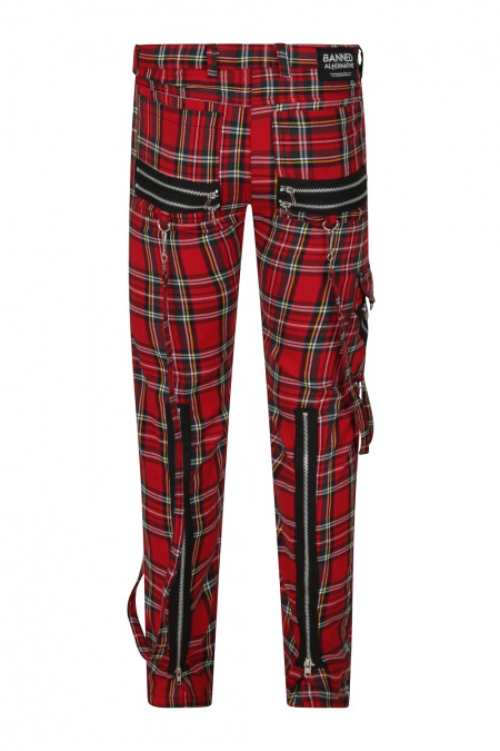 Avengence Red Plaid Cotton Blend Bondage Pants by Banned Apparel