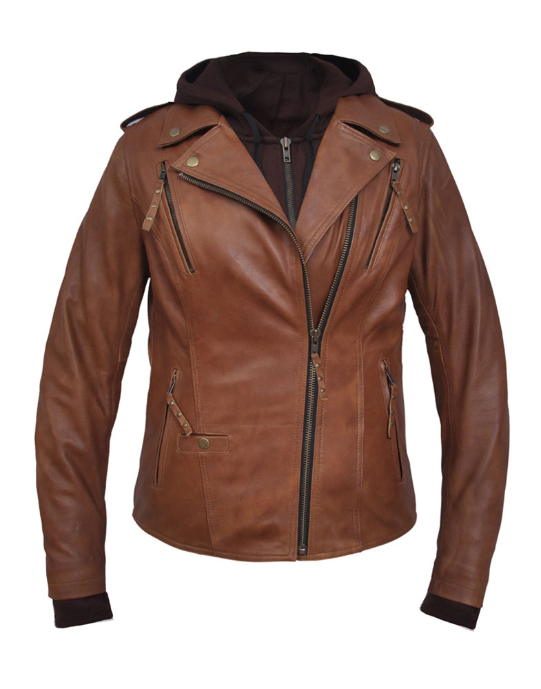 Derringer Lambskin Womens Hooded Motorcycle Jacket With Kevlar- Arizona Brown (Sale price!)