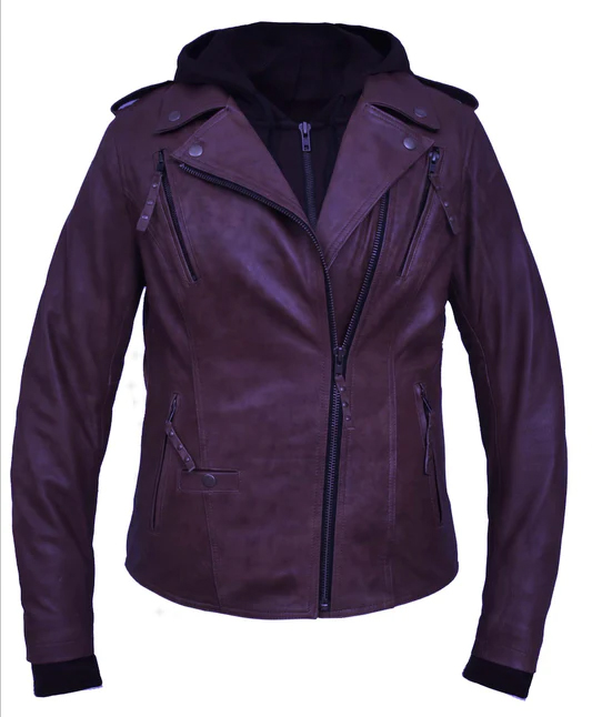 Derringer Lambskin Womens Hooded Motorcycle Jacket With Kevlar- Purple (Sale price!)