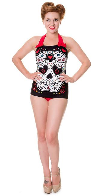Sugar Skull Swimsuit in Black & Red by Banned Clothing - SALE sz XS only